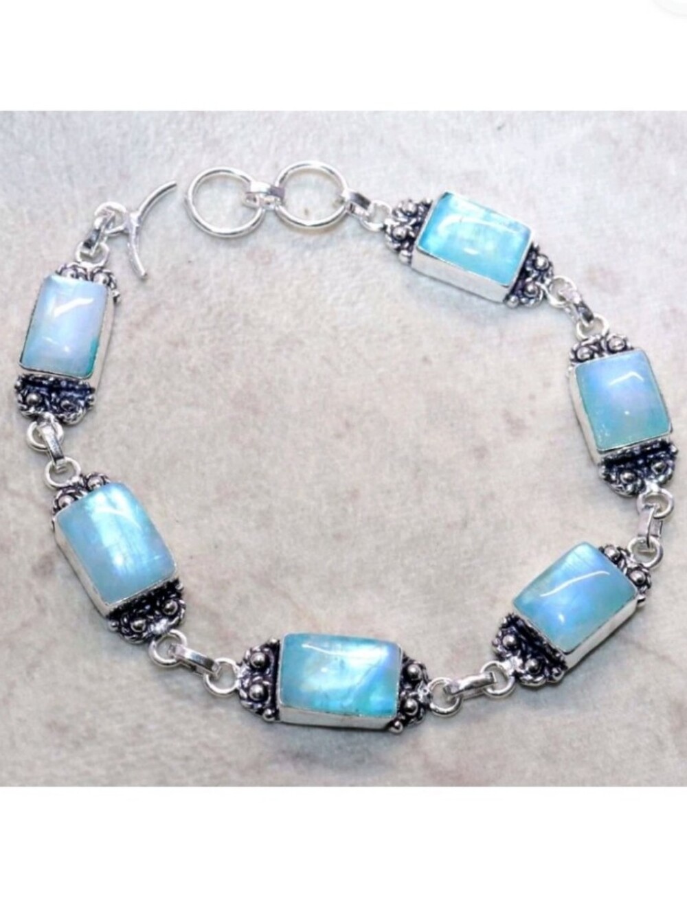 Rainbow Moonstone Blue Flash Gemstone 925 Sterling Silver Toggle Bracelet